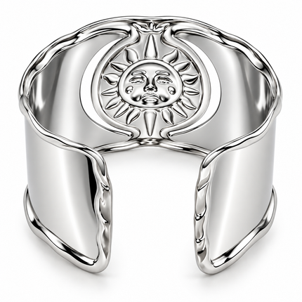 A polished silver cuff bracelet featuring a raised sun and crescent moon design in the center, shown on a clean white background.