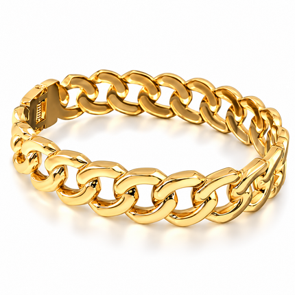 A thick gold-tone Cuban link chain bracelet with a polished finish and a gold clasp, shown on a clean white background.