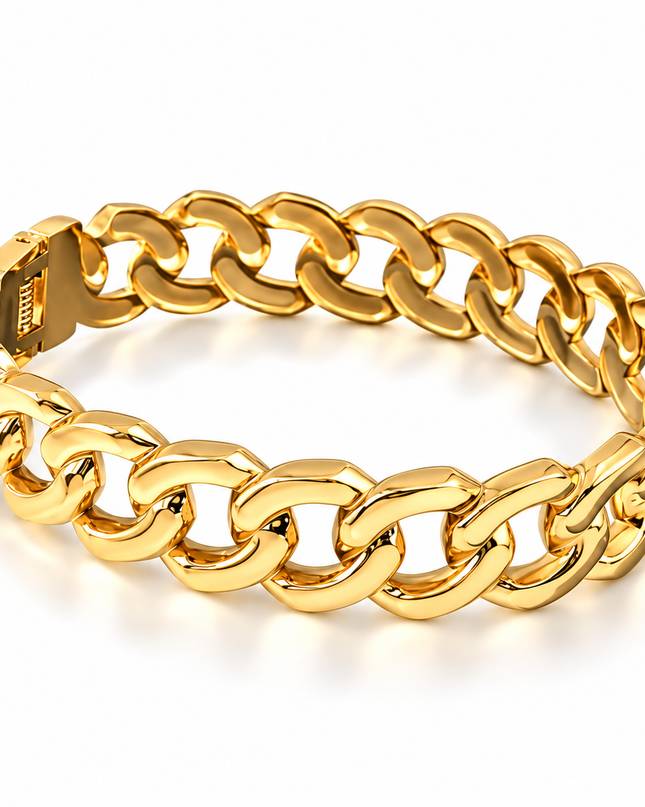 A thick gold-tone Cuban link chain bracelet with a polished finish and a gold clasp, shown on a clean white background.