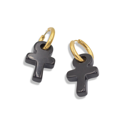 The Eternal Guardian Hoop Earrings – Obsidian Ankh Cross