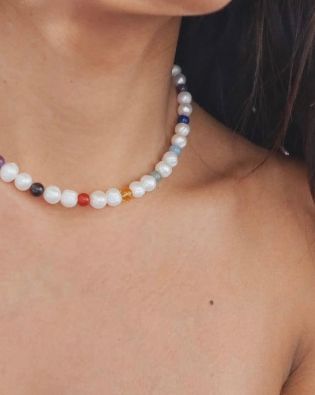 Divine Energy Pearl Necklace - Seven Chakra Gemstones
