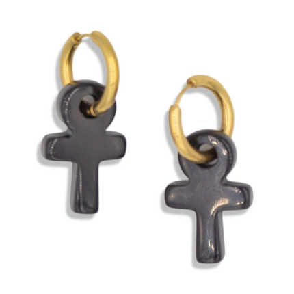 The Eternal Guardian Hoop Earrings – Obsidian Ankh Cross