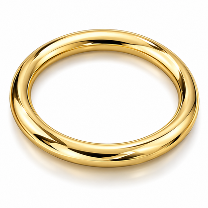 A polished yellow gold bangle ring with a thick, rounded profile, shown on a clean white background with a soft shadow.