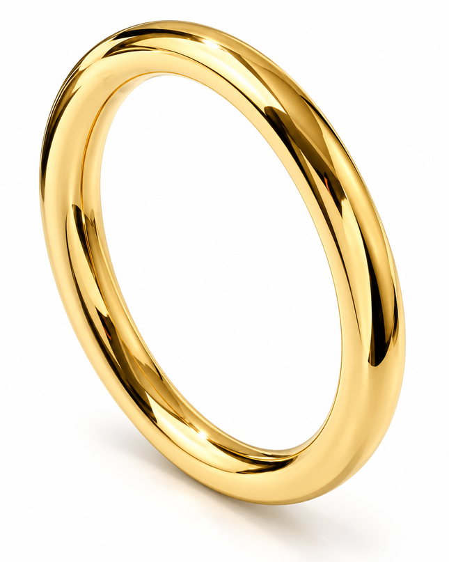 A polished yellow gold band ring with a smooth, rounded profile, shown on a clean white background.